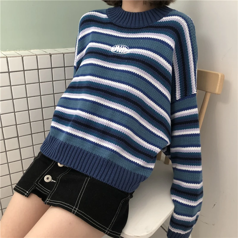 Clarissa Sweater Blue & White Striped Oversized Jumper Embroidered Mock Neck Cropped Pullovers Harajuku Women\'s Sweaters /