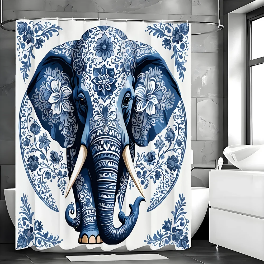 

Креативная сине-белая фарфоровая занавеска для душа со слоном, моющаяся грязеотталкивающая насадка для душа, водонепроницаемая полиэстеровая занавеска для ванны