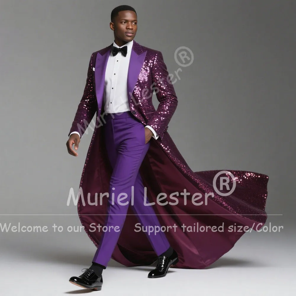 Male Fashion Sequins Suit Attire 2 Pieces Sets Single Breasted Prom Blazers Long Customized Groom Banquet Wedding Tuxedos Outfit