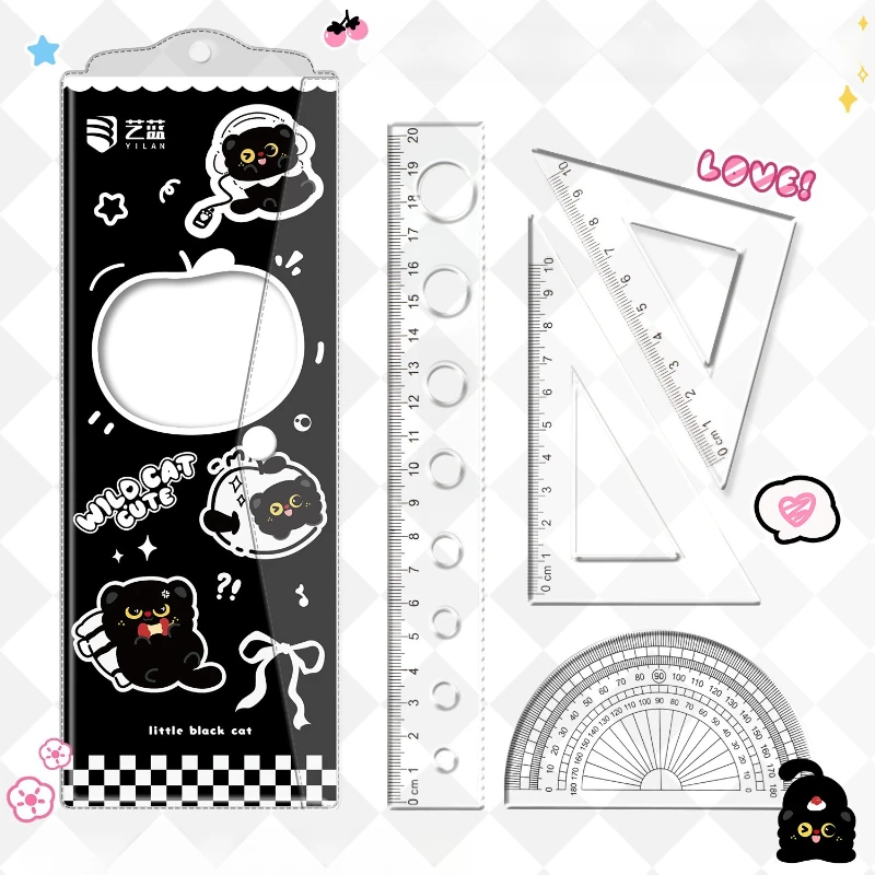 

4-Piece Set Transparent Plastic Rulers Straight Rulers Protractors Set Square Kawaii School Stationery Kid Math Stationery