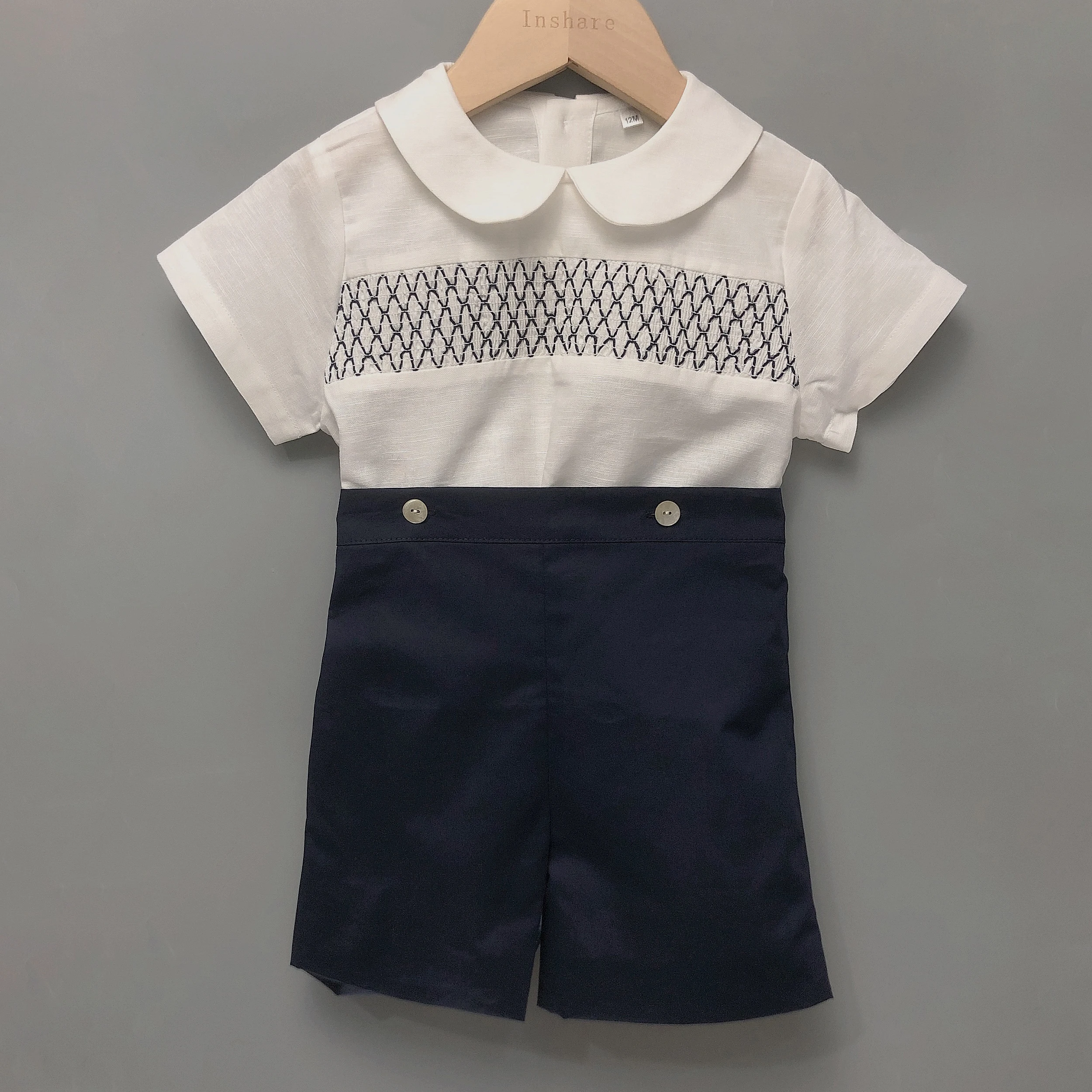 2Pcs Children Boutique Clothing Boy Spanish Smocking Set Cotton Linen Summer Short Sleeves Suit Toddler BABI Outfit Baptism