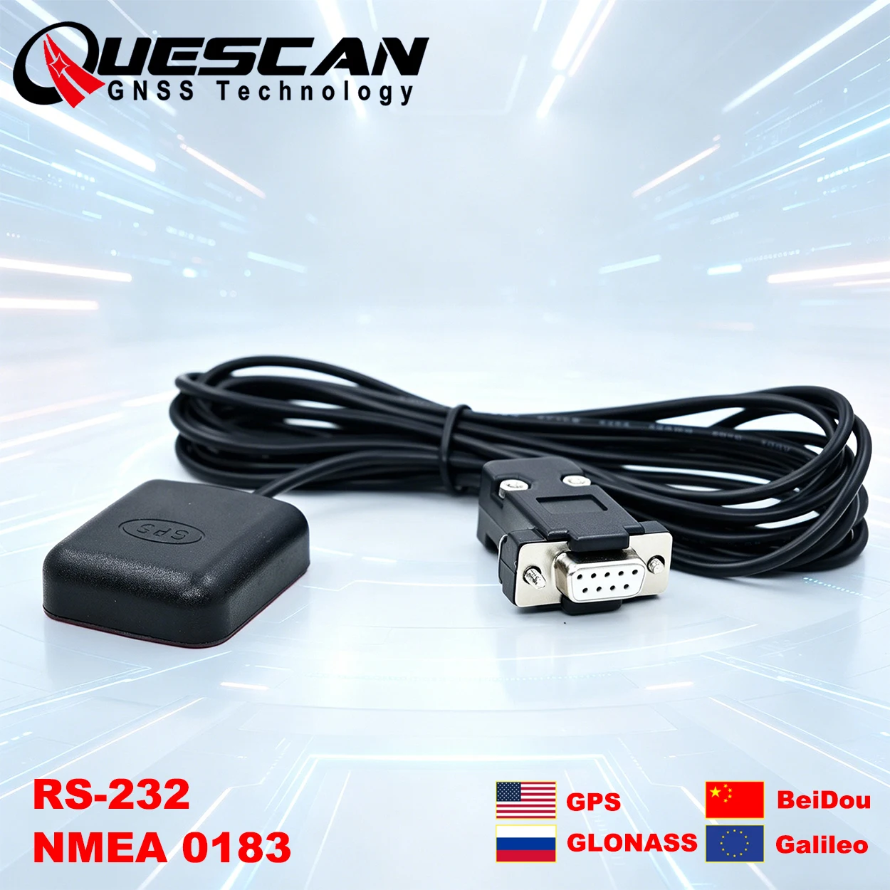 Receptor GPS GNSS QUESCAN RS232 NMEA 0183 com Antena, Módulo RS-232 DB9 GPS GLONASS Galileo BeiDou NMEA0183, Pin-9 é 3.3-5V