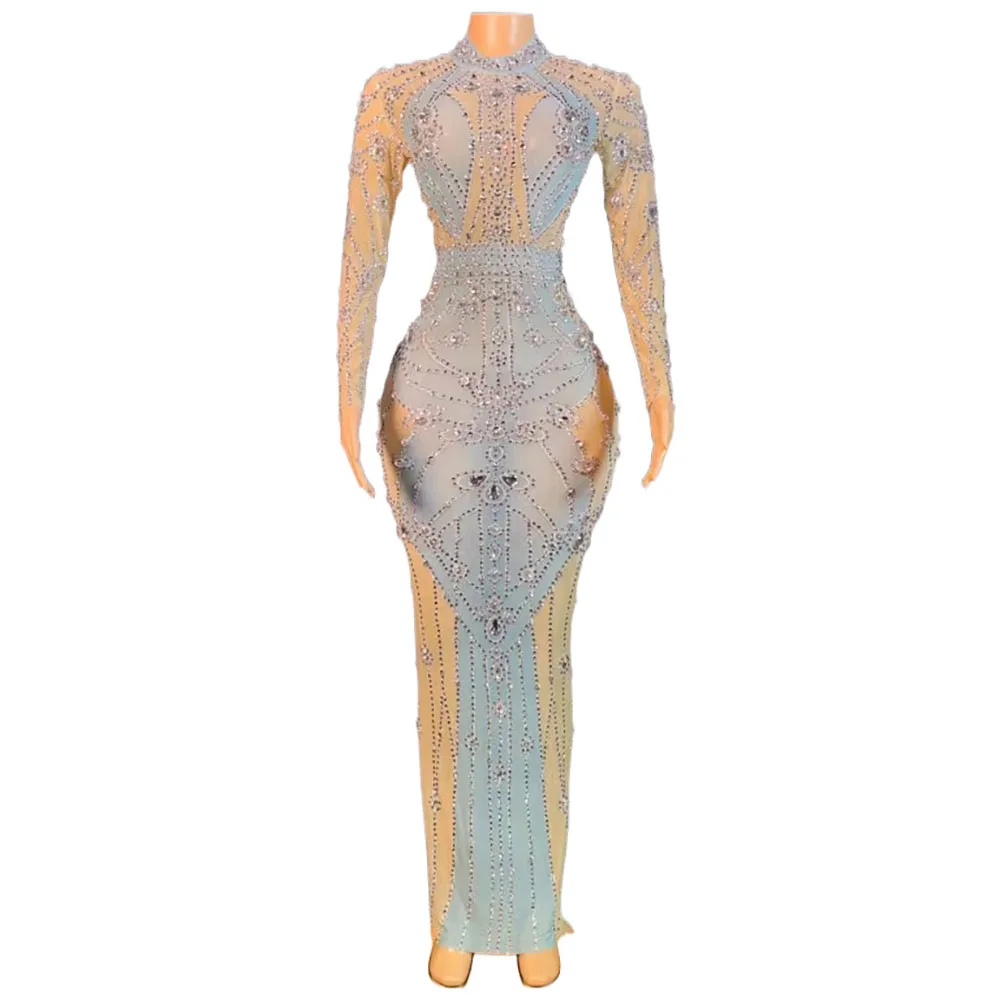 

Eel Female Singer Hosting Model Water Diamond Elastic Printing Mesh Wrapped Hip Long Dress Stage Performance Party Dress Girl