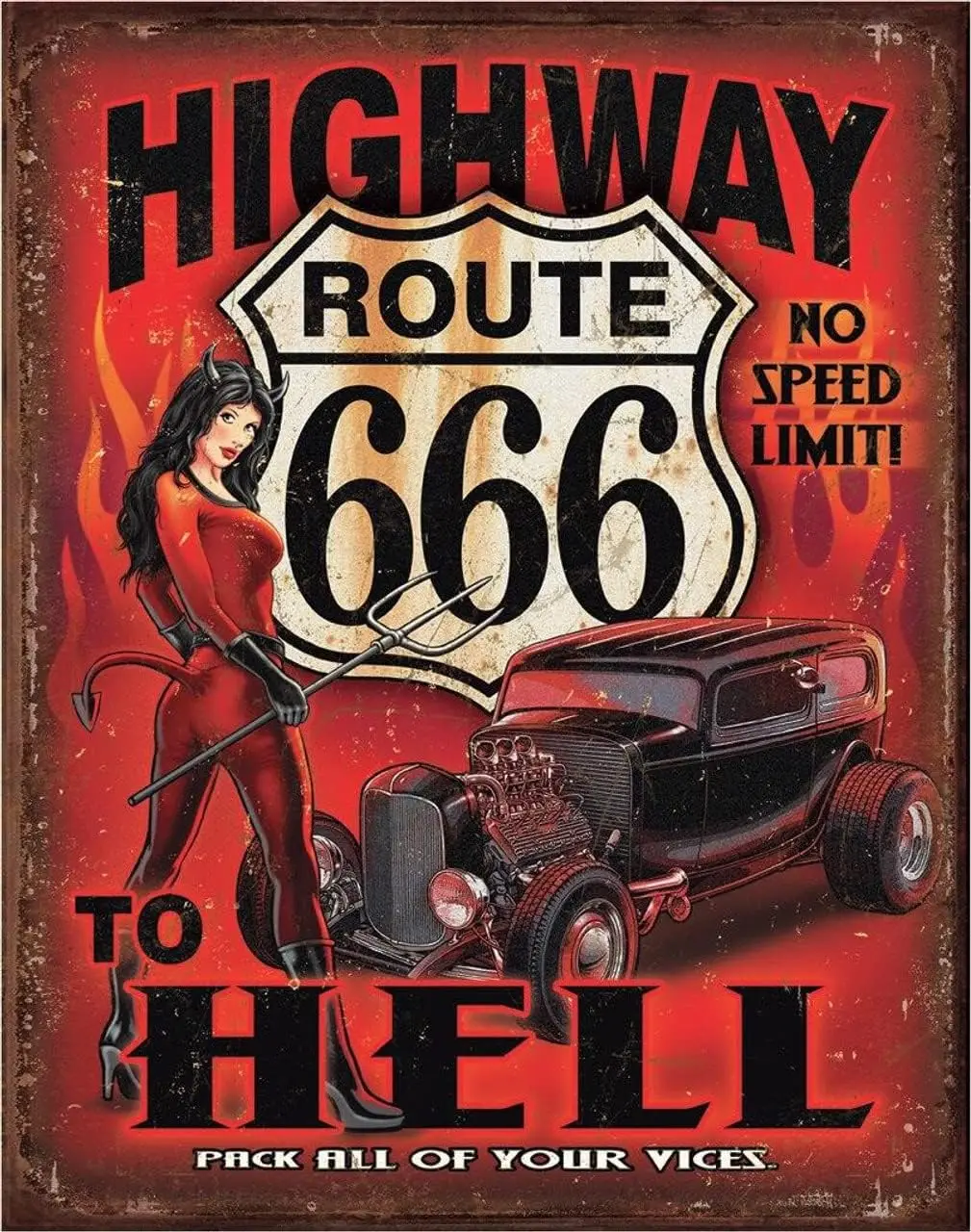 Desperate Enterprises Route 666 - Highway to Hell Tin Sign Nostalgic Vintage Metal Wall Decor Made in USA