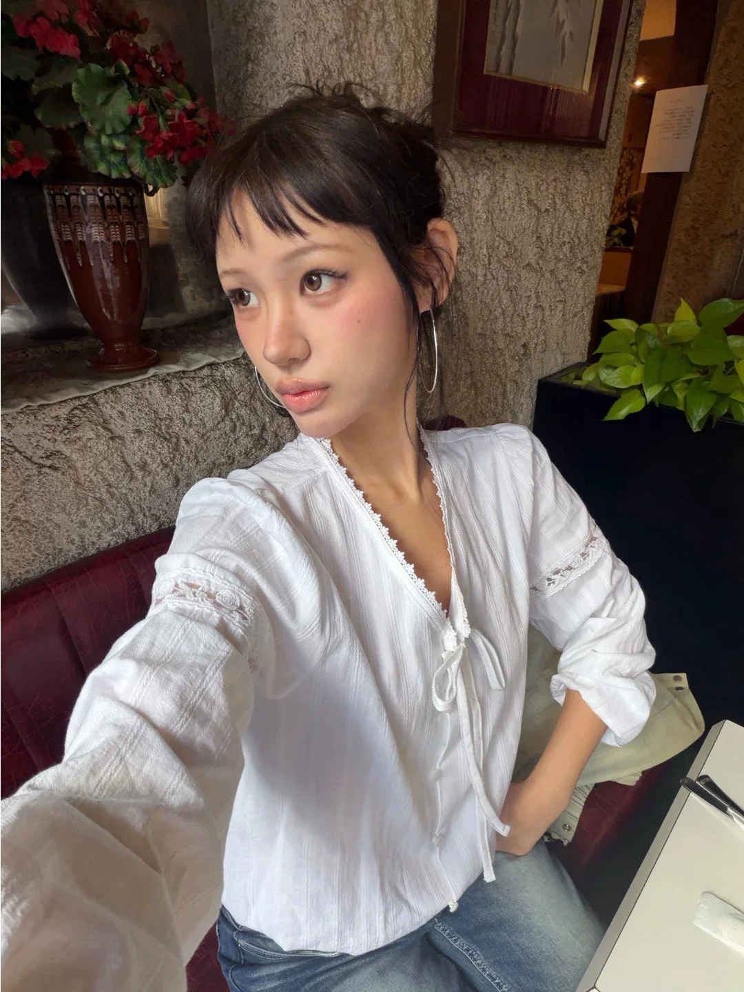 

Мужская рубашка Letterfommoon с кружевным ажурным V-образным вырезом, весна 2026, французский стиль, свободный крой, хлопок, длинный рукав