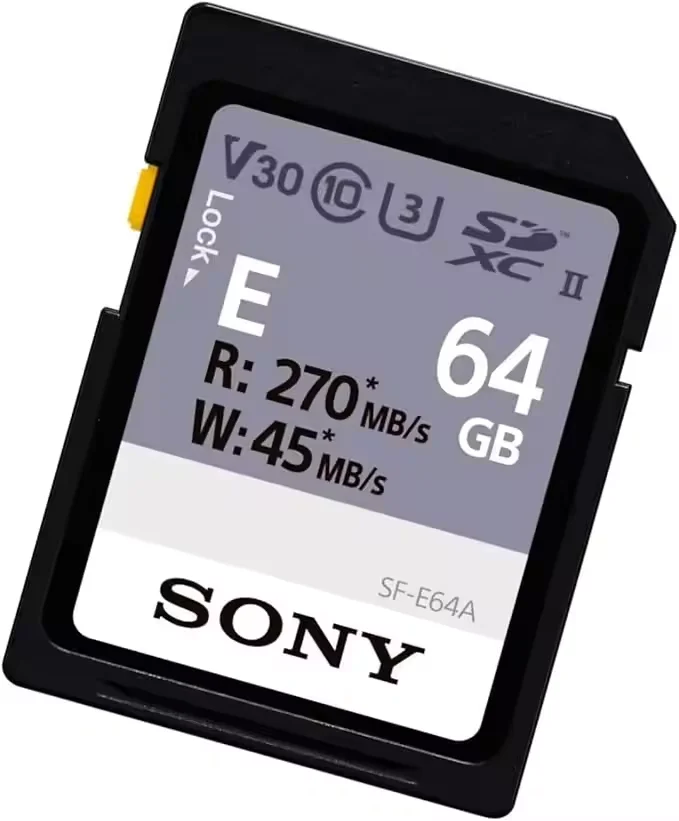 Tarjeta de memoria de alta velocidad Sony / Tarjeta SD Serie E SDXC UHS-II 64GB, V30, CL10, U3, Velocidad máxima R270MB/S, para cámara, SF-E64A