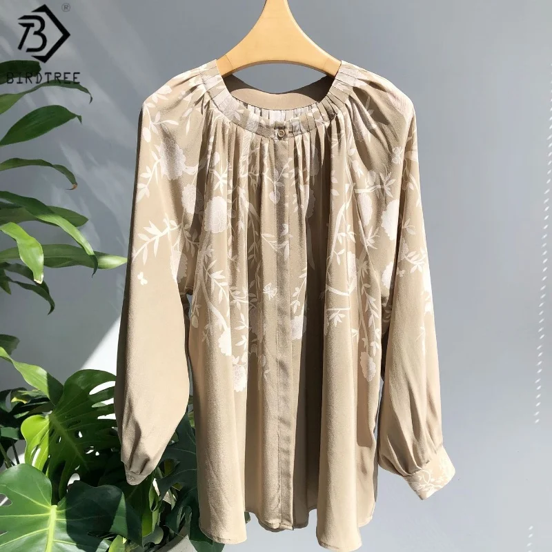 

Birdtree 17MM 100% Mulberry Silk Print Blouse,Women Sand Wash Double Crepe Shirt,Autumn Lantern Sleeve Pleating CardiganT59708JF