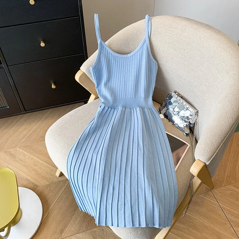 YuooMuoo Chic Fashion Damen Plissee-Minikleid 2026 Neuer Koreanischer Stil Spaghetti-Träger Gestricktes A-Linien-Kleid Damen Party-Outfits