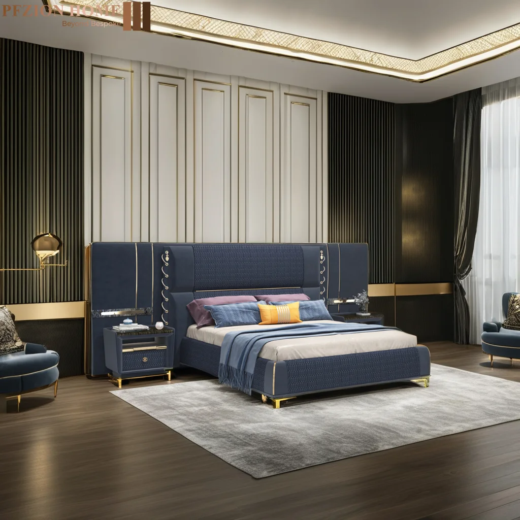 #w Luxury Modern Double Bed Frame Wooden Design Velvet Leather Upholstery Available King Size Bed
