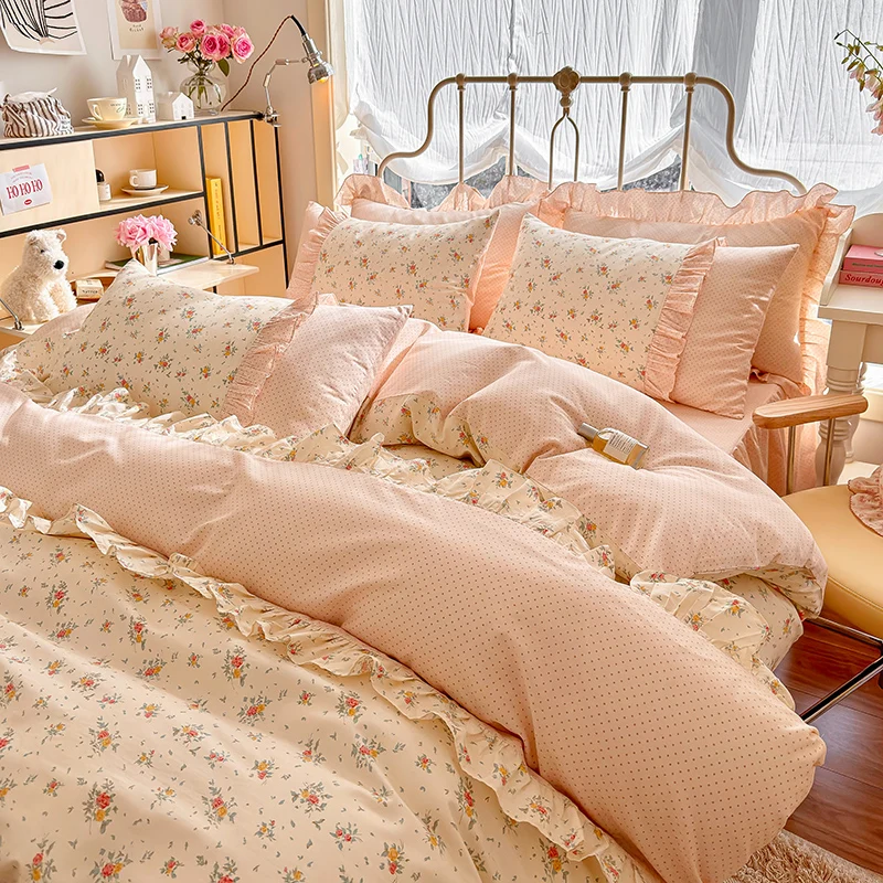 3pcs 100% Cotton Duvet Cover Set (1*Duvet Cover + 2*Pillowcase, Without Core), Korean lace Bedding Set, Soft Comfortable