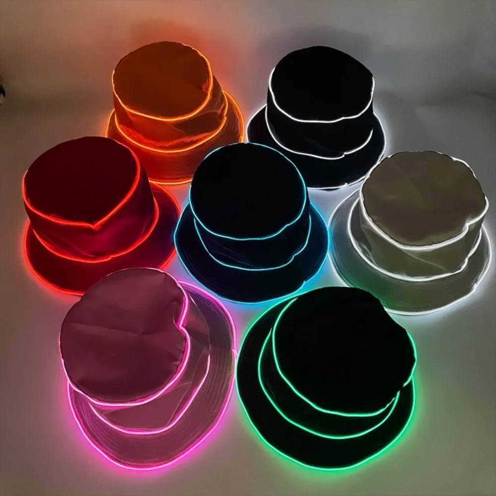 Fashion Battery Powered LED Bucket Hat Flashing Modes Colorful Luminous Hat Grow in Dark Solid Color Flashing Glow Hat Men