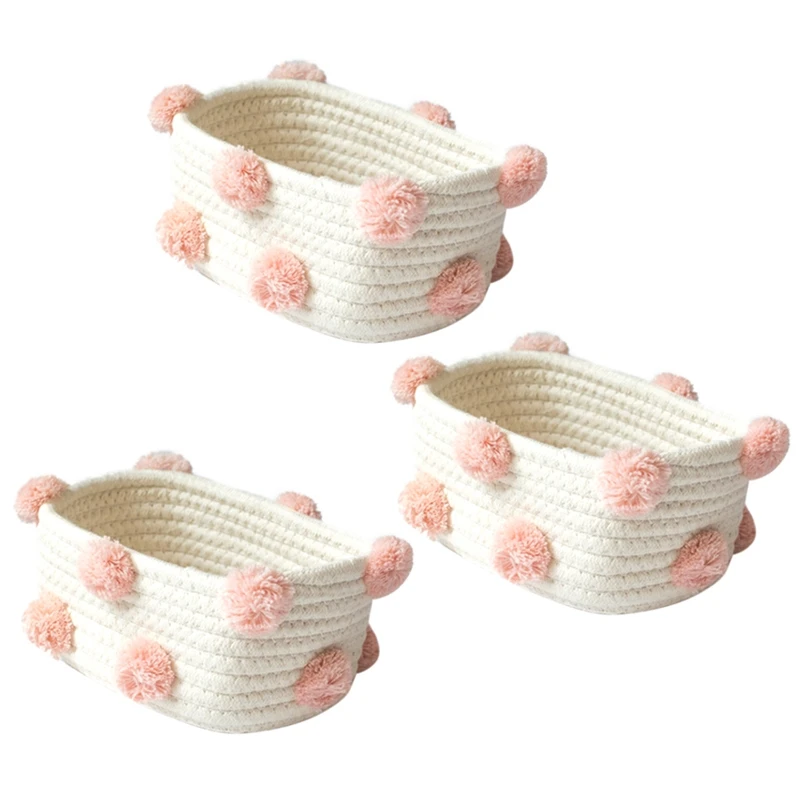 3X Cotton Woven Storage Basket Cute Pompom Decor Sundries Finishing Box Nordic Cosmetic Toys Organizer Frame Pink S