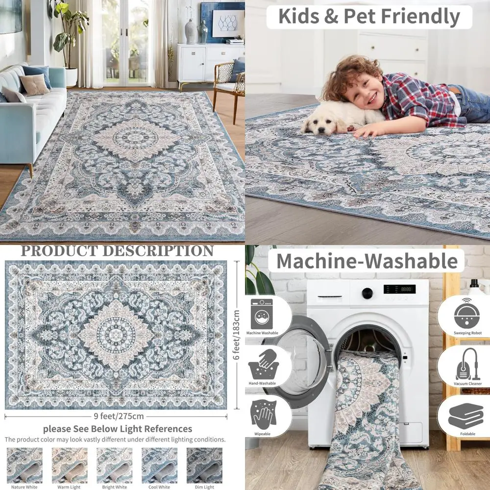 

Foxmas 6x9 Area Rugs for Living Room, Machine Washable Vintage Rug, Non-Slip Low Pile Throw Rugs with Rubber Backing Washable Ca