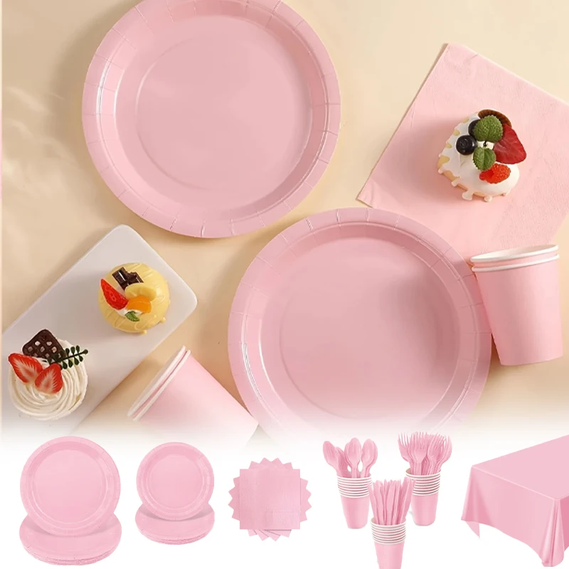 

24PCS Eco-Friendly Pink Disposable Tableware Set Biodegradable Plates Cups Cutlery Wedding Birthday Party Supplies Pastel Decor