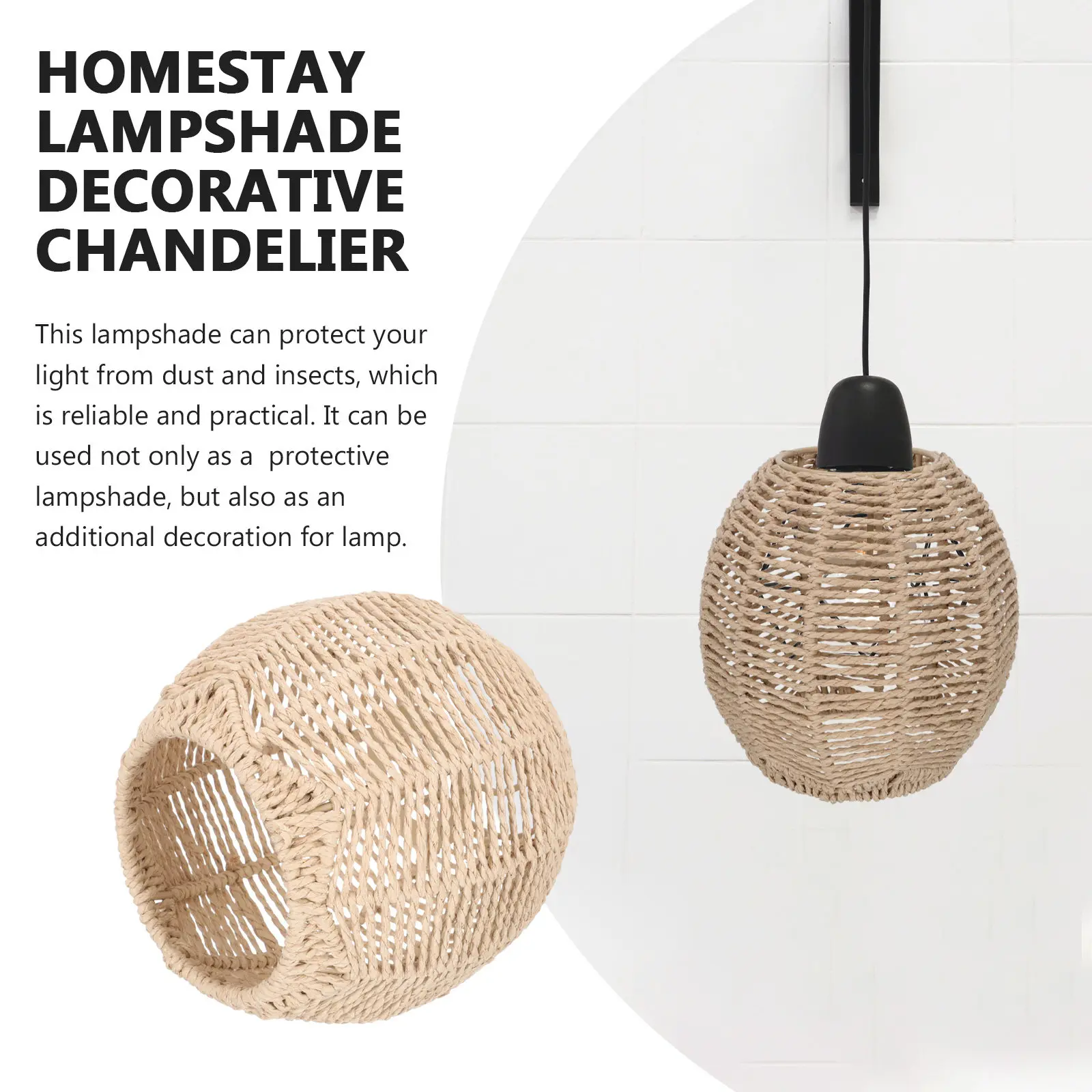 Round Ceiling Light Shade Paper Pendant Lamp Shade Imitation Woven Rattan Lampshade Cover for Floor Light Chandelier Dining Room