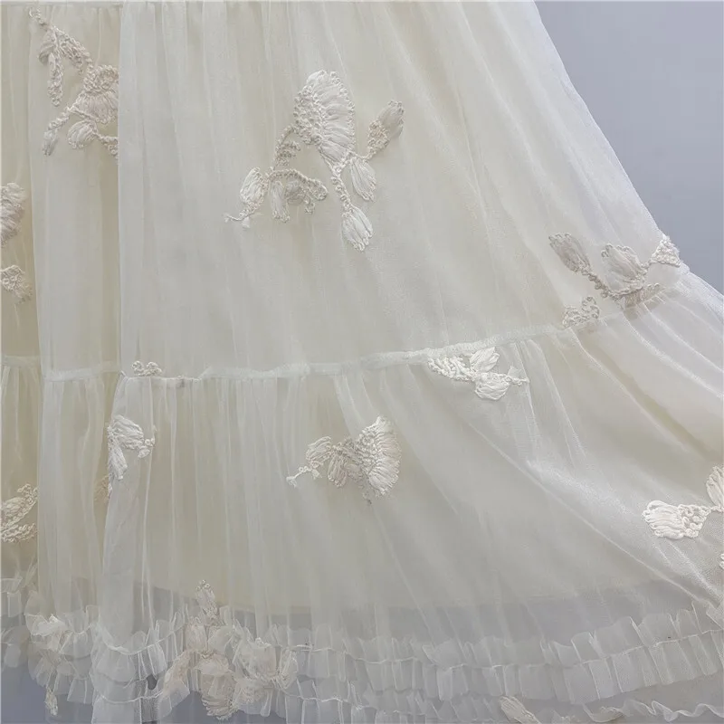 HKSH 봄 가을 신상 여성 스커트 자수 메쉬 플리츠 엘라스틱 웨이스트 프렌치 젠틀 엘레강트 A라인 스위트 인스 스커트 HK17229