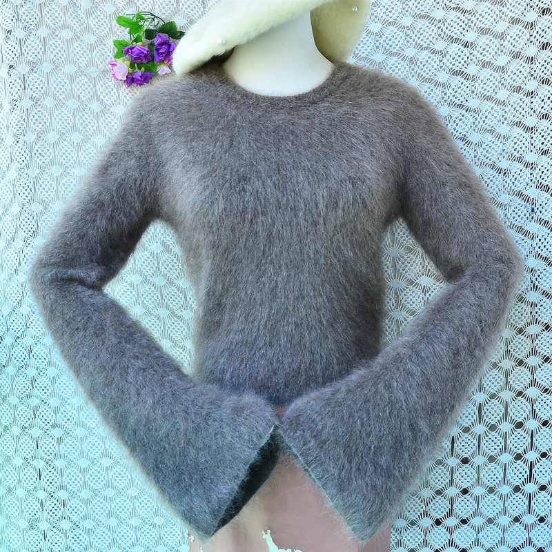 

Женский модный укороченный свитер-джемпер из пушистого мохера и шерсти с круглым вырезом и длинными рукавами для весны и осени