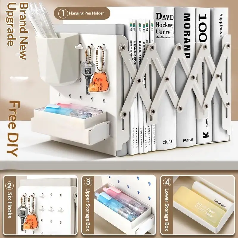 1PcAdjustable Expandable Book Organizer With Pen Holder And Hooks Holds 80 Books Perfect For Student Home Office Desktop Storage