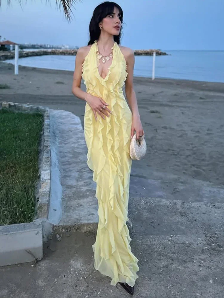 Abito lungo sexy con volant con spalle scoperte e scollo all'americana Abito lungo da donna aderente con scollo a V senza maniche e schiena scoperta