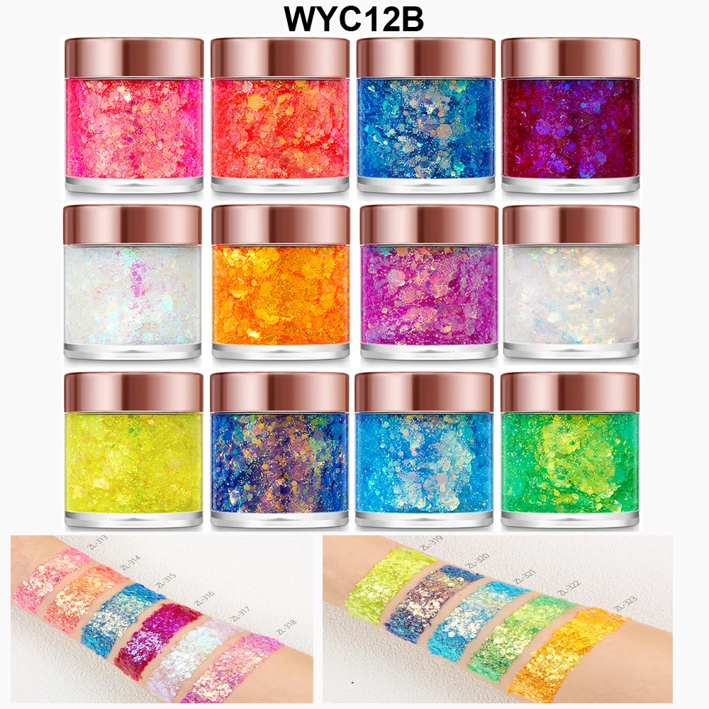 12 Colori di Glitter Cosmetico Lucido e Brillante, Glitter Chunky Cangiante per Viso e Corpo, Gel Glitter per Trucco da Palcoscenico, Adatto ai Bambini