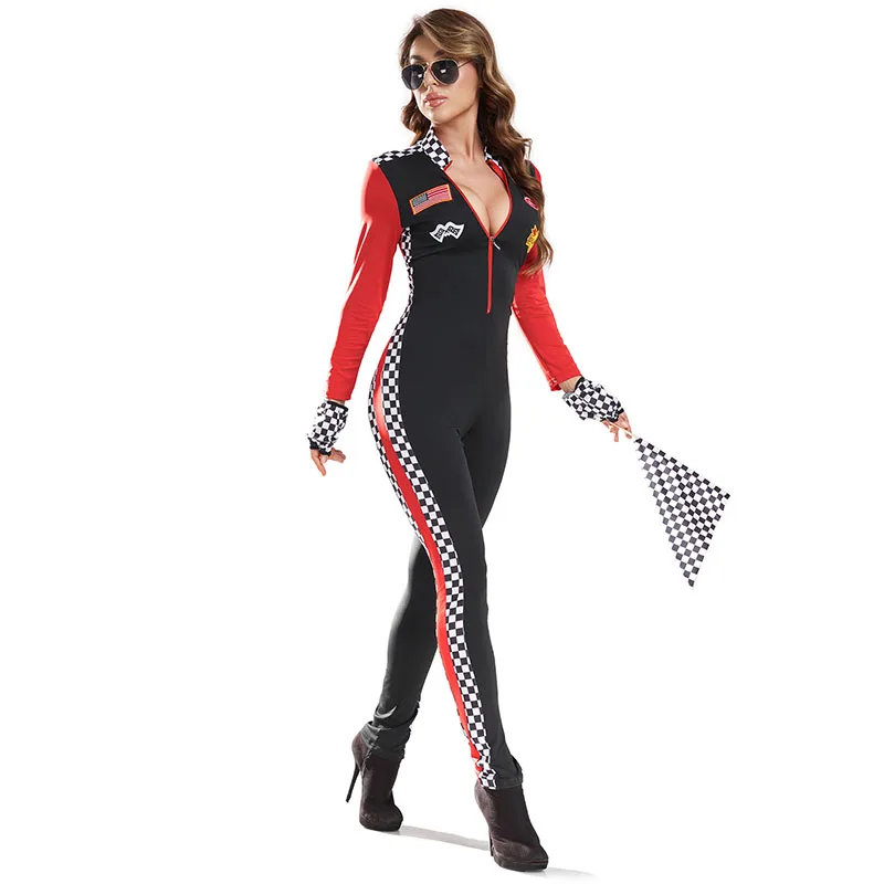 Kostum Balap Wanita F1, Kostum Cosplay Merah Hitam, Jumpsuit Seragam Lengan Panjang, Sarung Tangan, Kostum Cheerleader, Kostum Pembalap Wanita