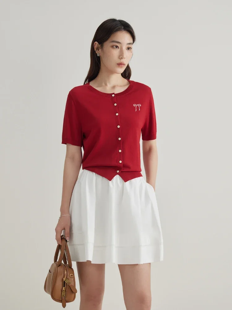 DUSHU Women Summer Knitwear Short Sleeve Single Breasted Short Knitted Cardigans Bow Decoration Red Knit Tops 24DS82389