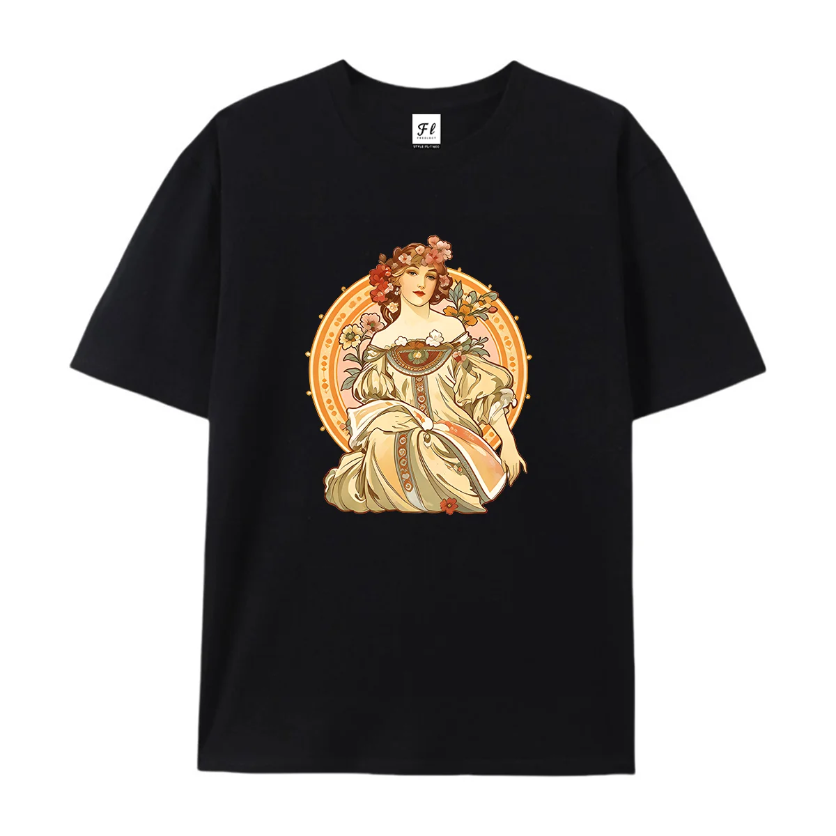 Women Vintage Art Nouveau Lady Graphic T Shirt Casual Short Sleeve Tee Retro Floral Portrait Art Pattern Print Soft Cotton Tops