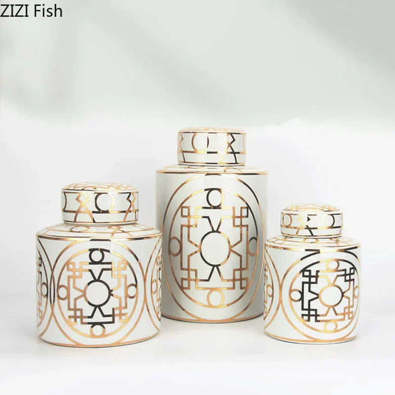 

Gold Plated Textured Porcelain Storage Jar with Lids Tea Canister Geometric Lines Cylinder Ceramic Jars Tea Caddy Candy Pots