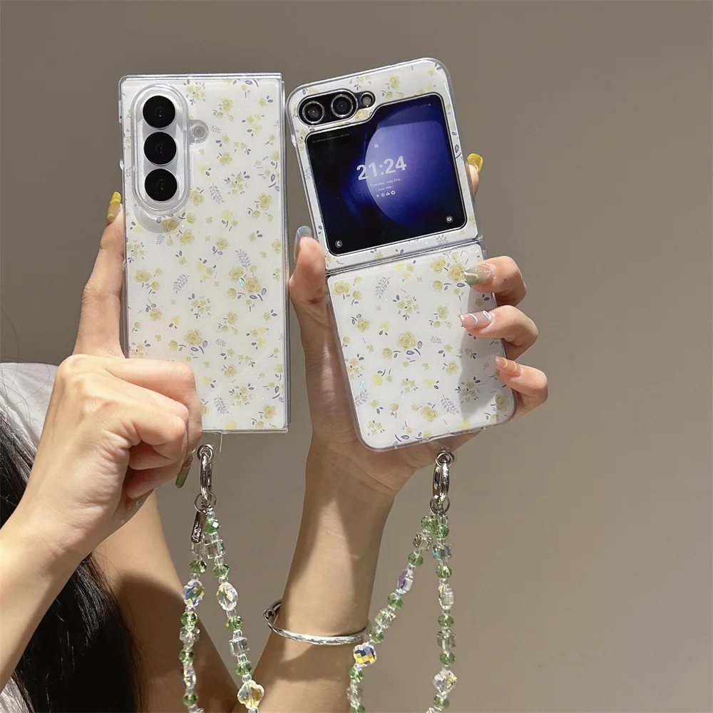 Pastel Fresh Cottagecore Dainty Tiny Floral Print Phone Case for Samsung Galaxy Z Fold 7 Crystal Bead Strap Cover for Z Flip 7-3