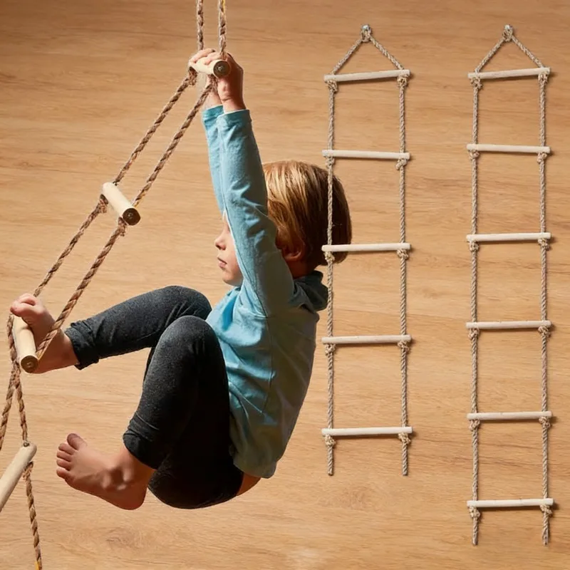 ของเล่นออกกำลังกายสำหรับเด็ก บันไดเชือกไม้ หลายขั้น ของเล่นปีนป่ายกลางแจ้ง กิจกรรมฝึกฝน ปลอดภัย ของเล่นเชือกสวิง หมุนได้