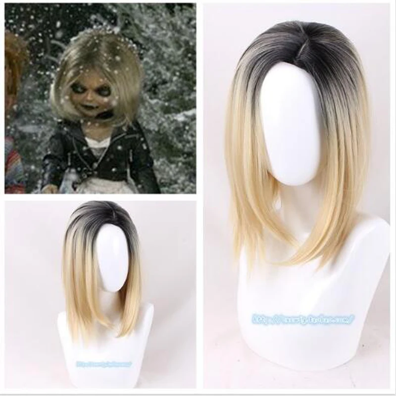 Anime Wigs Cosplay Bride of Chucky Hair Gradient Color Wig Rose Net Short Hair Headgear + wig cap