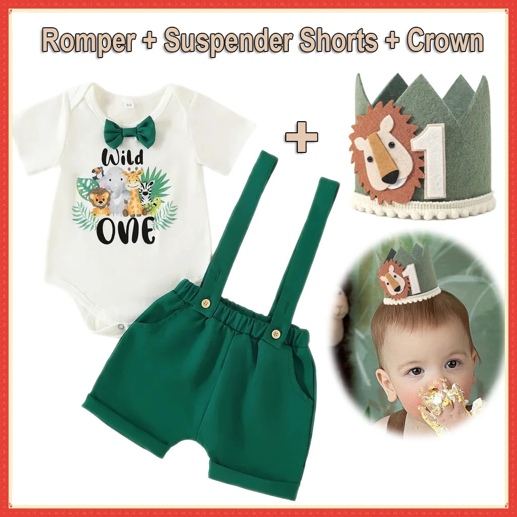 

Baby Boy Clothes for 1 Year Old Birthday Cotton Romper Suspender Shorts Birthday Crown Lion Them Birthday Outfit Cake Smash