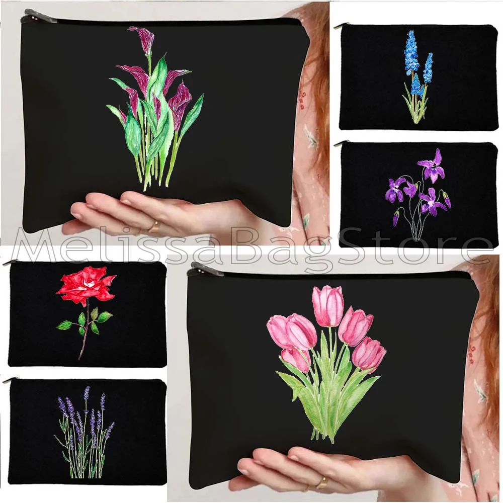 

Watercolor Wildflower Cactus Tulips Cosmos Flowers Gift Camellia Daffodil Lavender Canvas Storage Cosmetic Bag Makeup Case Pouch
