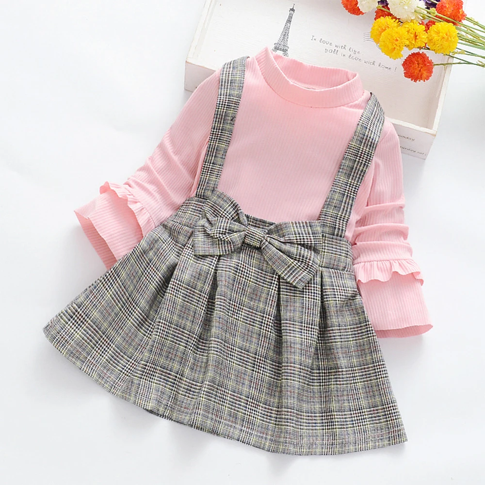 Bear Leader Girls Dress 2023 New Autumn Casual Long Sleeved Wooden Ear Edge Design Dress Fake Two Piece Strap Dress