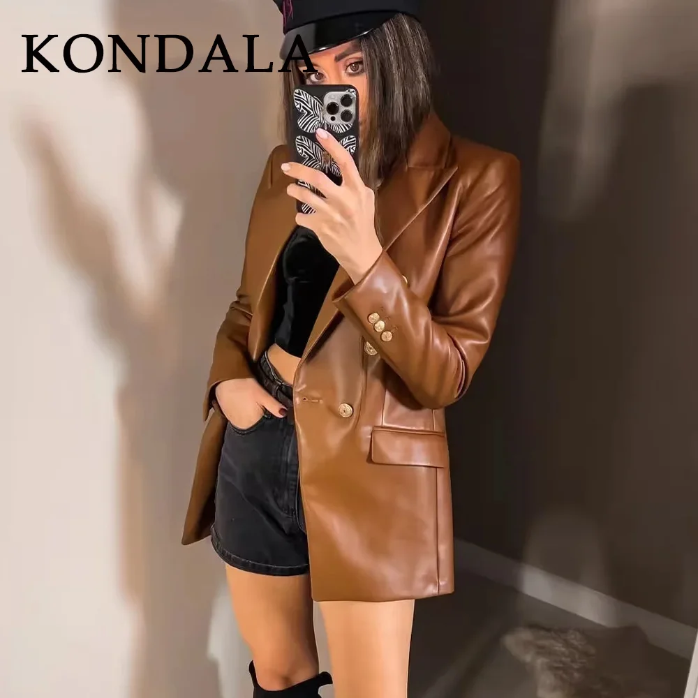 KONDALA 2025 Fall Winter Office Lady PU Blazers Fashion Vintage Solid Double Breasted Shrug Casual Chic Elegant Women Blazers