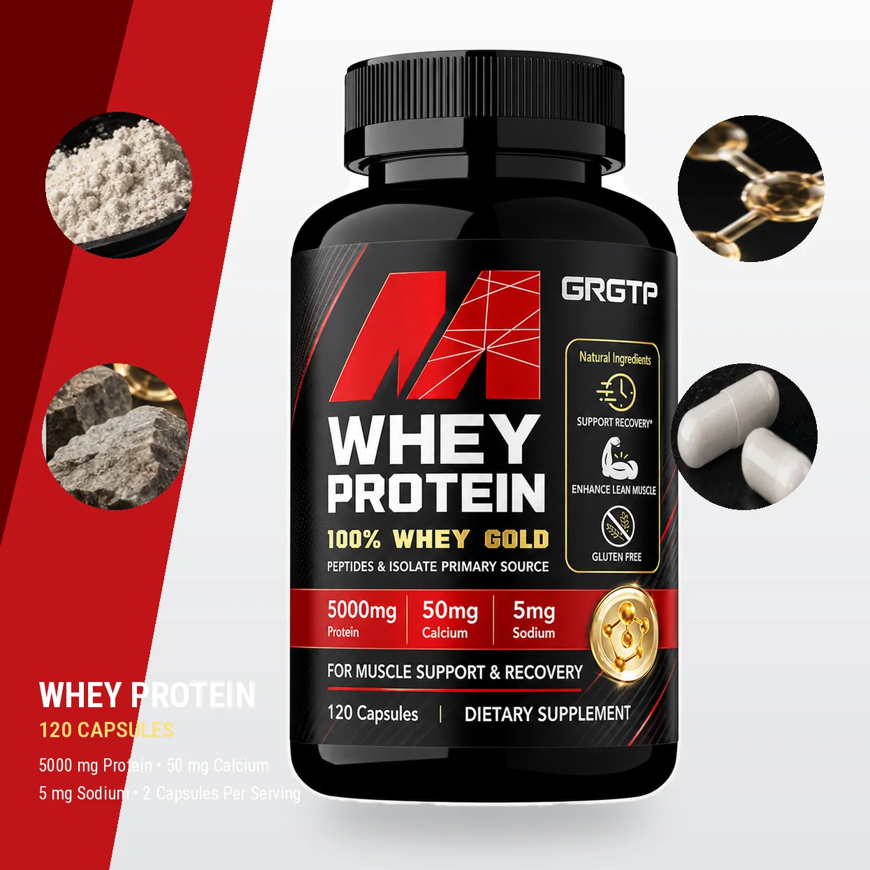Whey Protein Capsules - Contains 5000mg of Protein - Supports Recovery, Balanced Muscle Health, Gluten Free, NON-GMO