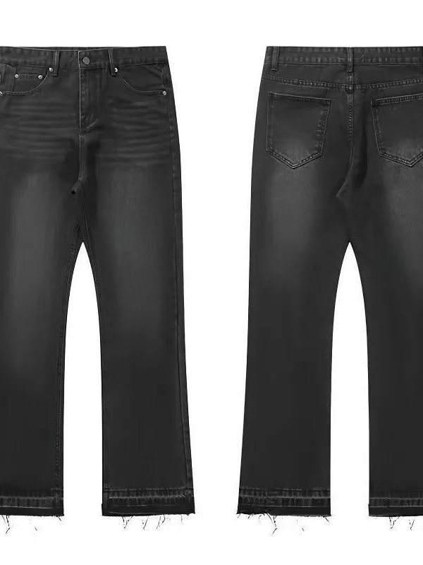Retro Washed American Style Cleanfit Fringed Straight Leg Men's Jeans Grey Black Long Pants Antistatic Low Waist Cotton Blend