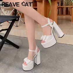 REAVE CAT Women Sandals Peep Toe Chunky Heel 14cm Platform 4.5cm Buckle Strap Bowknot Size 41 42 43 Sweet Sexy Dating Shoes