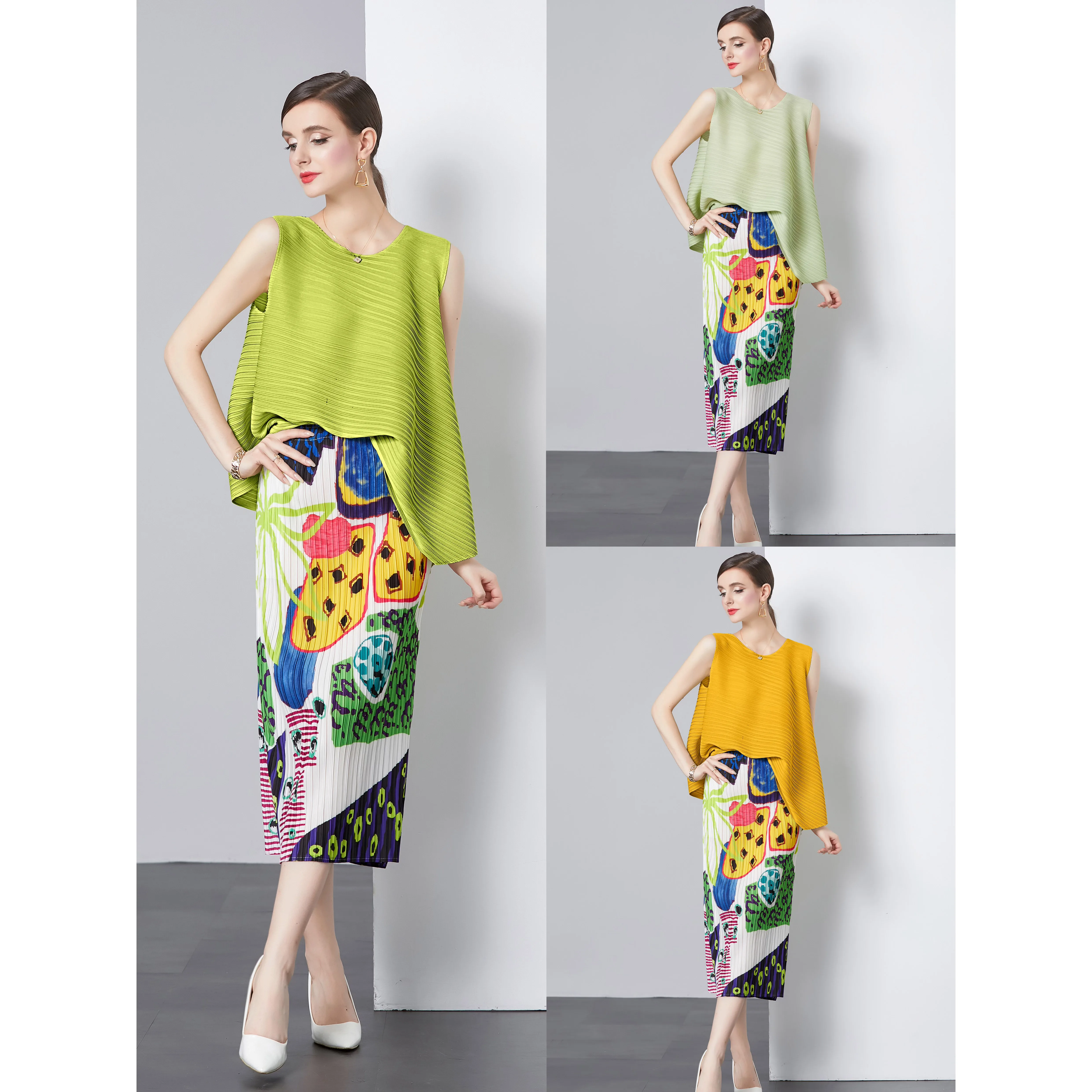 Royal sister high-end versatile age-reducing loose irregular pleated top set women's fashion printed hip skirt