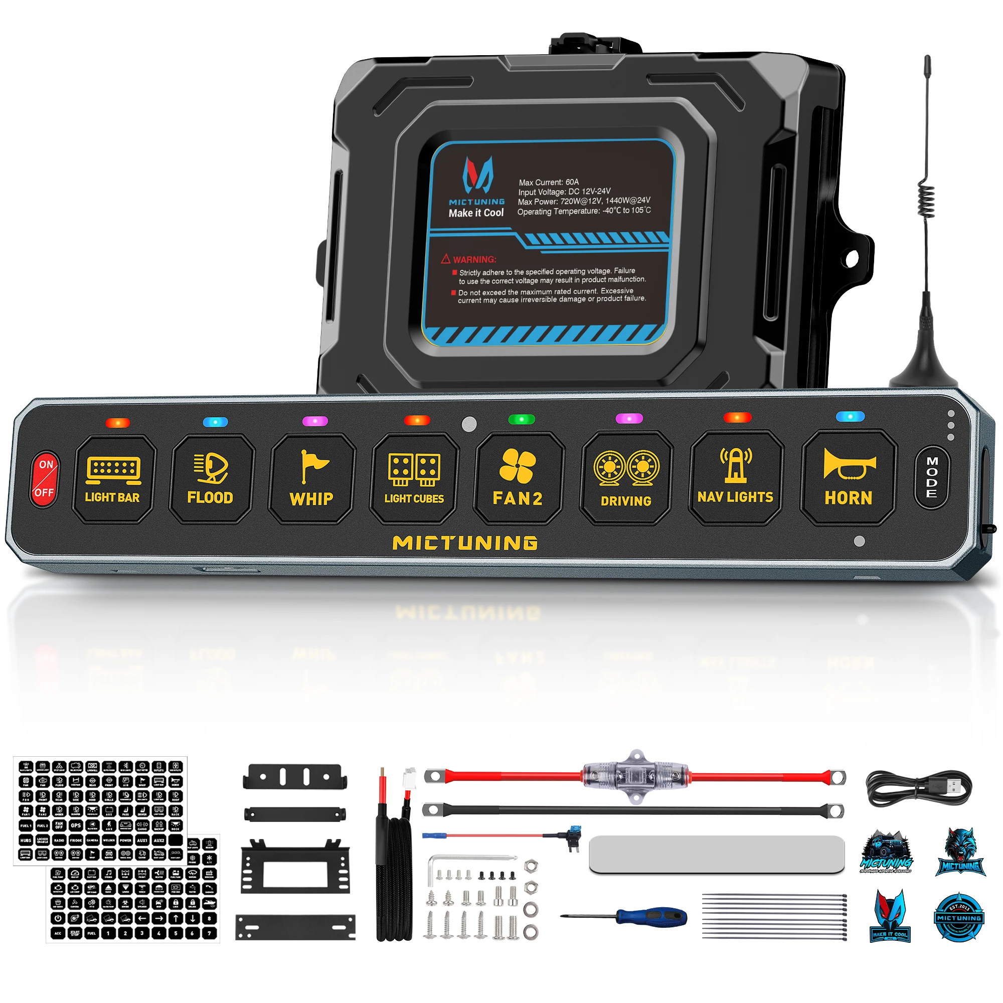 

MICTUNING 8 Gang Slim Wireless Switch Panel,197FT Range Multi-Panel Control,RGB Dimmable Backlit,4 Control Modes For Car RV UTV