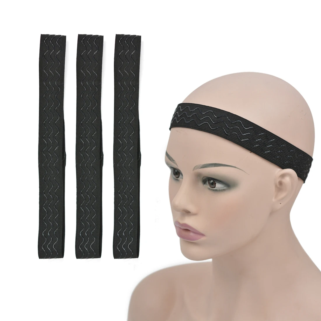 3 Pcs Non-Slip Adjustable Elastic Band Wavy Silicone Wig Band with Removable Hooks for Fixed Wigs ( Width 1.2 Inch/3.0 cm )