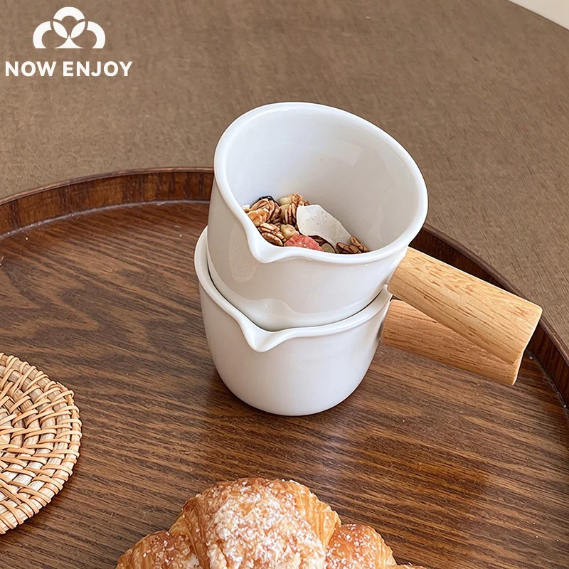 NOW ENJOY Mini 100ML Ceramic Milk Cup With Wooden Handle Milk Pitcher Milk Pot Steak Sauce Cup Concentrated Coffee Cup