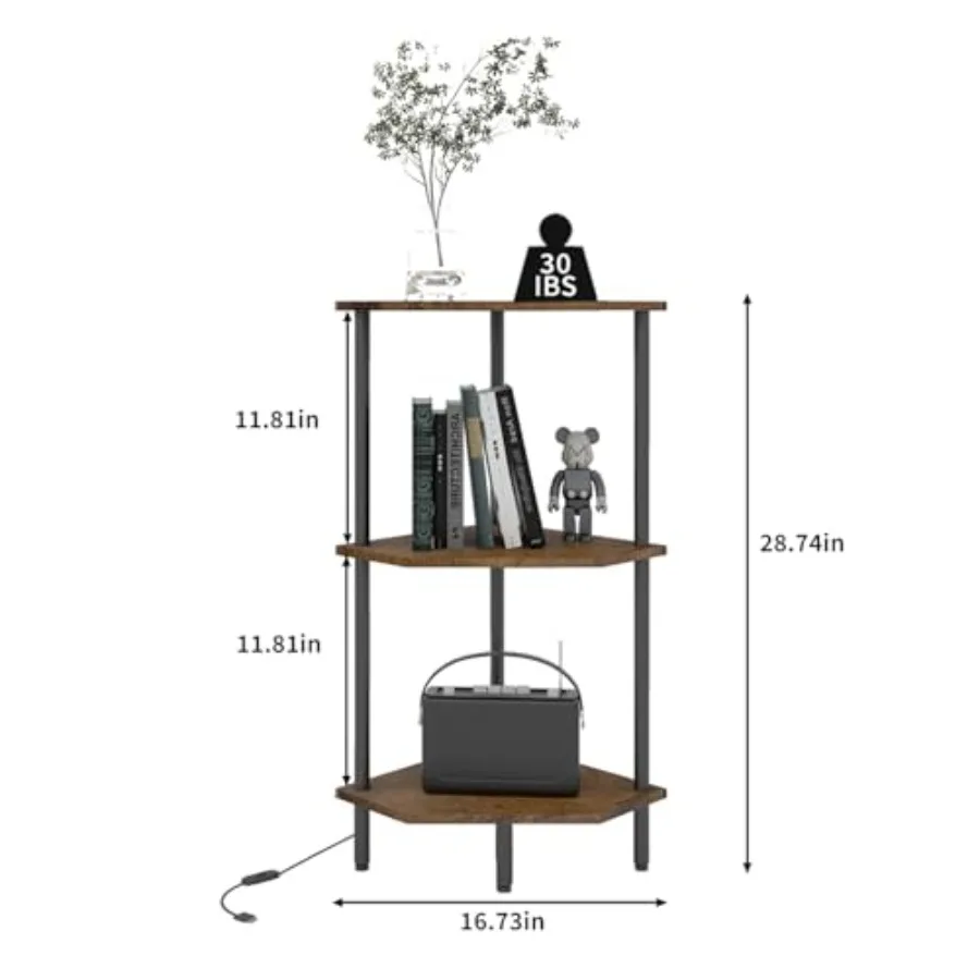Corner Shelf with LED LightBookcase for Small Spaces Display Shelf Narrow Bookshelf Plant Stand Rustic Brown and Black Suitable