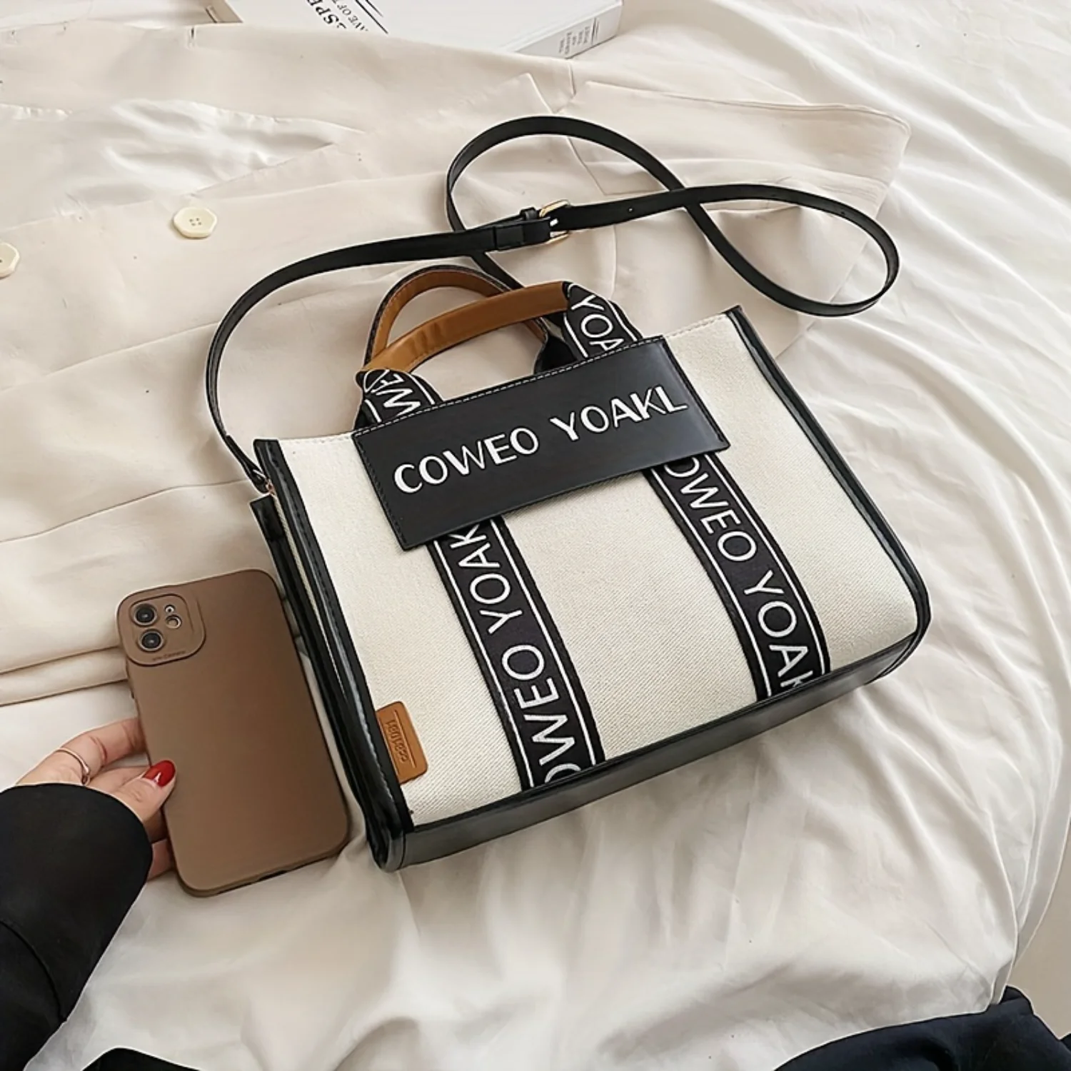 Women's Square Shoulder Bag Letters Pattern Top Handle Satchel Daily Use