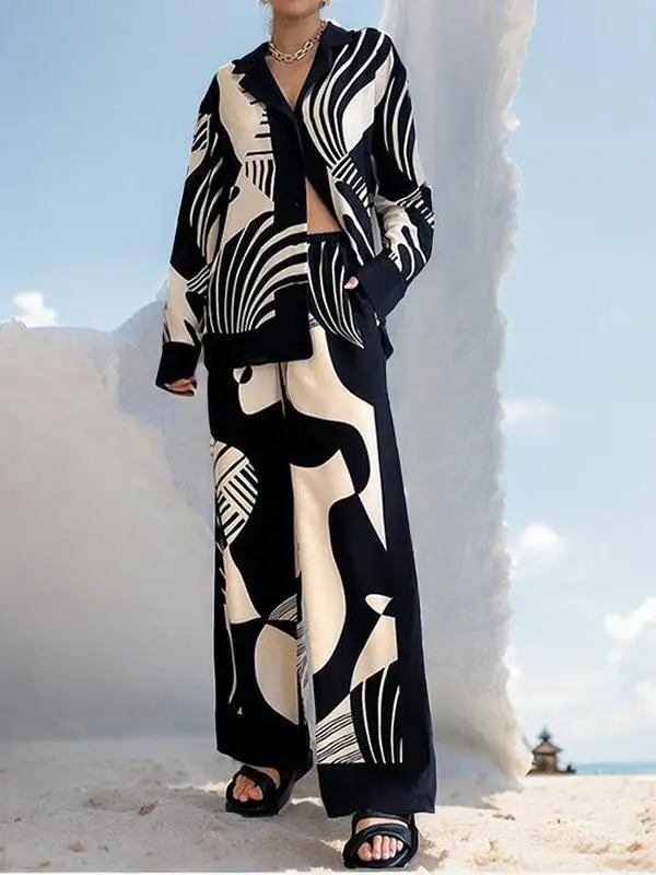 Moda impra manga longa calças cridas estilo casa casual verão conjunto f com decote em v botão tecido de poliéster