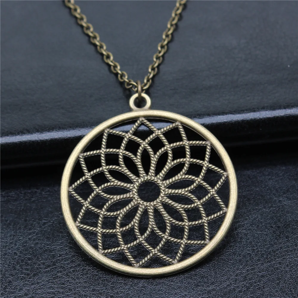 Vintage Antique Bronze Color 49x49mm Round Flower Of Life Pendant Necklace For Women Men Long Chain Trendy Jewelry Accessories