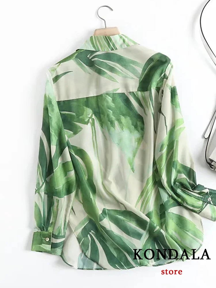 KONDALA Vintage Green Floral Print Loose Shirts Women Office Lady Long Sleeve Single Button Blouses Fashion 2022 Elegant Tops