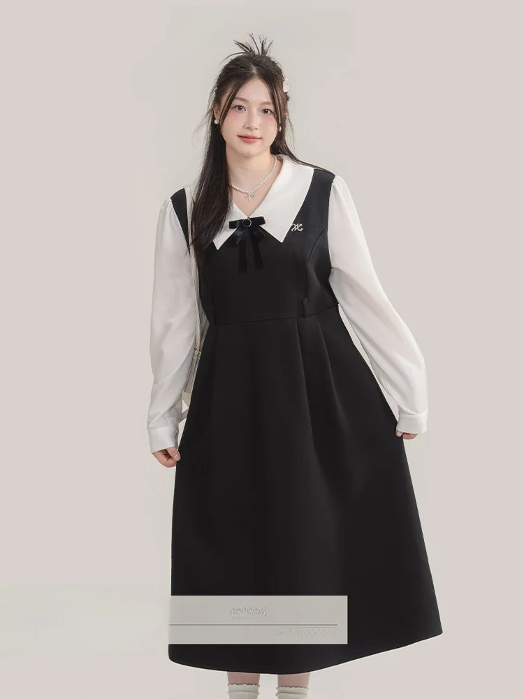 

Новинка: Женское платье больших размеров с брошью, имитация двух частей, зимнее, в стиле колледж, омолаживающее, длинное, для повседневной носки