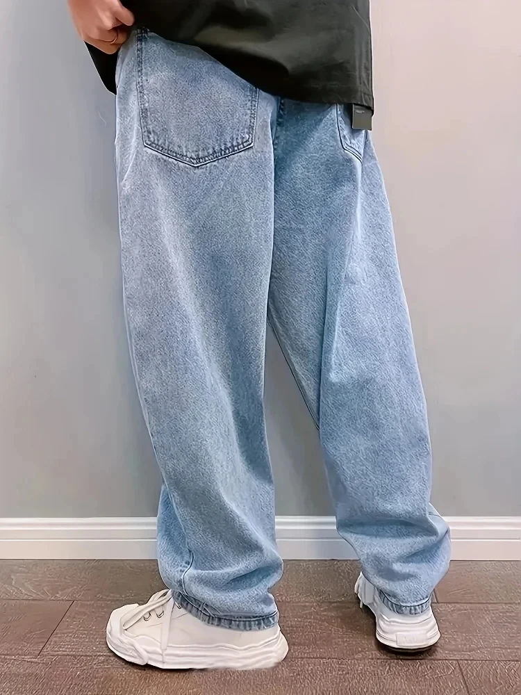 Y2k Oversizeแฟชั่นกางเกงยีนส์บุรุษหลวมตรงStreetwear Hip Hopกางเกงยีนส์ล้างอินเทรนด์กางเกงขากว้างLight Blue