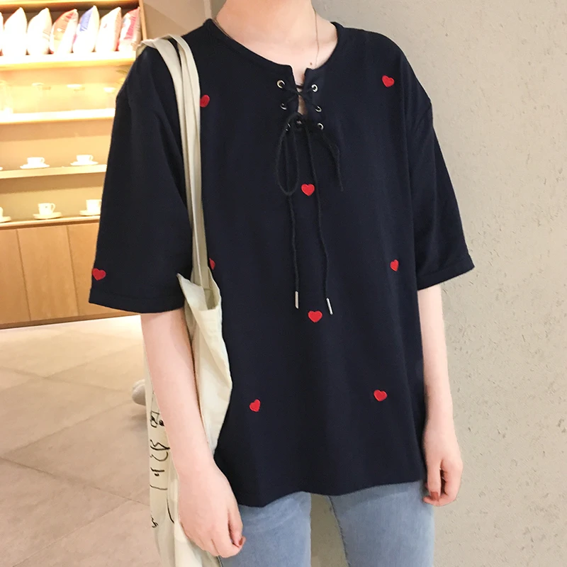 2023 Summer New Red Heart Embroidered Cute Fresh Casual Loose Short Sleeve Female T-shirts